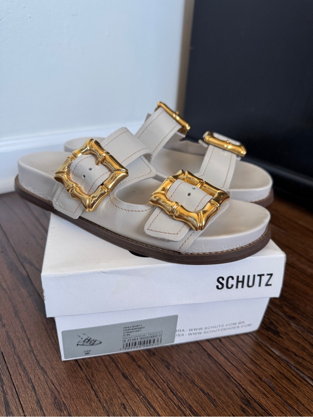 SCHUTZ Cream Leather Slide Sandals with “bamboo” Gold Buckles